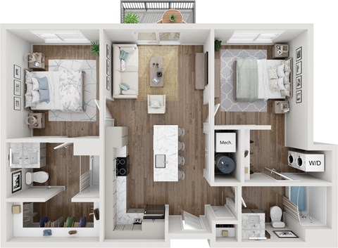 Floor plan for 2 beds, 2 baths, 955 sqft